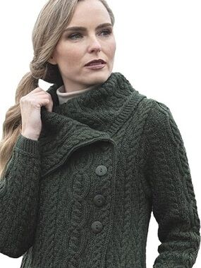 Aran Crafts Irish Merino Wool Chunky Collar Cable Knit Cardigan Coat L Green